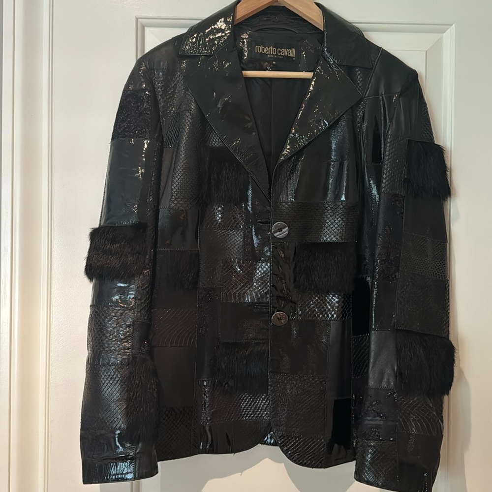 Beautiful vintage Roberto Cavalli patchwork snake leather fur jacket